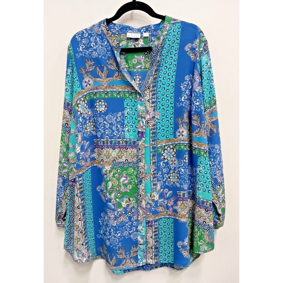 Joan Rivers Womens BOHO Tunic Top Size 20W Blue Floral Long Sleeve Button Up - Picture 1 of 6